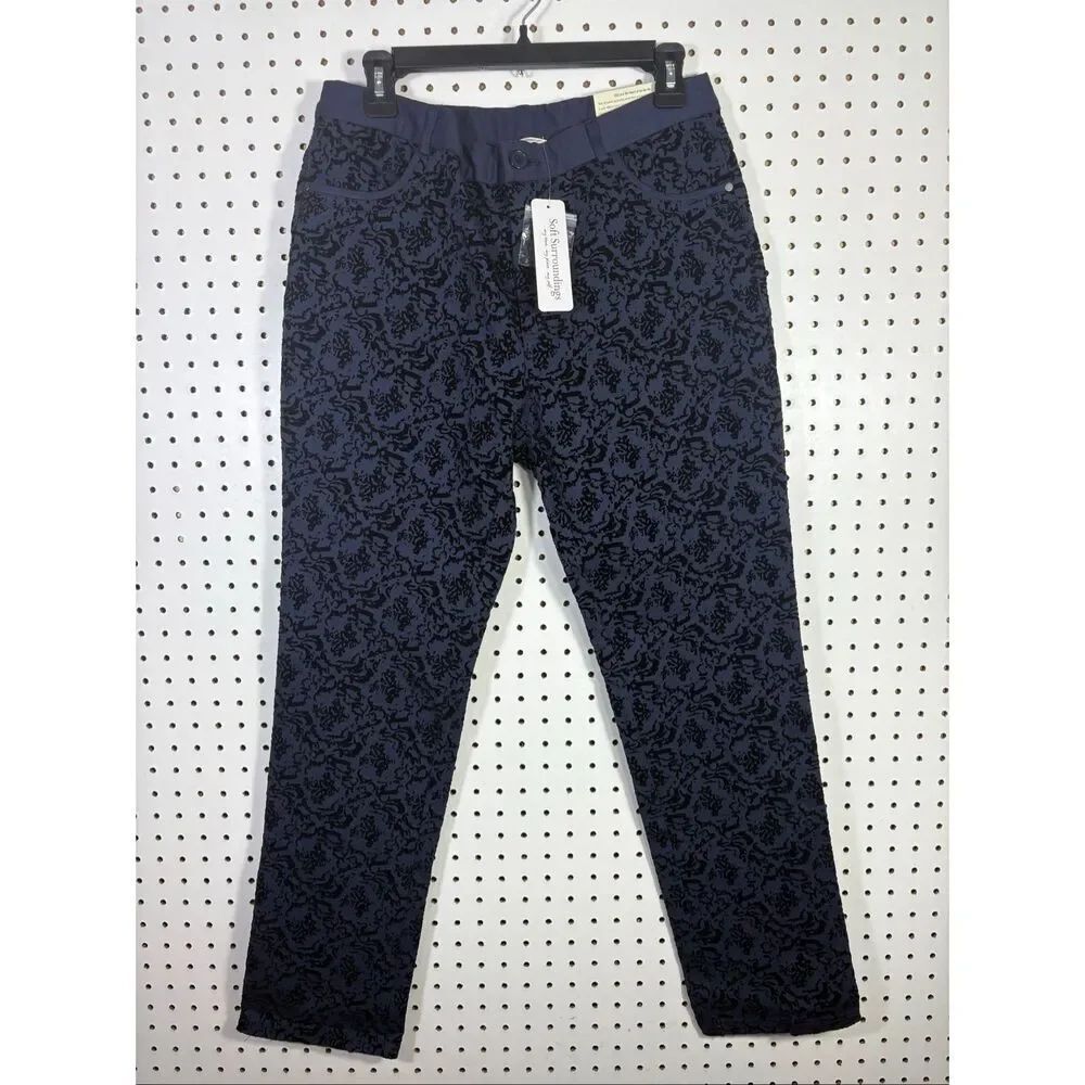 Soft Surroundings Flocked Baroque Stretch Ponte Navy Blue Pants Size M